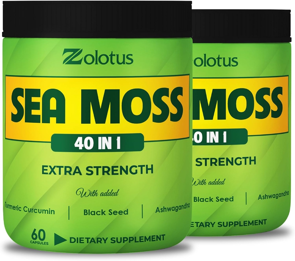 Zolotus (2 Packungen 60 Kapseln Sea Moss Supplement 40 in 1, mit Kurkuma, Ashwagandha Root, Blase für Immunsystem, Body Balance & Heart Health