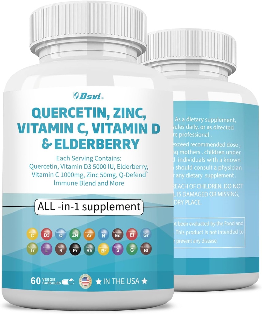 Quercetin 1000mg Zink 50mg Vitamin C 1000mg Vitamin D 5000IU Immunsystem Support Supplement mit Echinacea Ginger Bromelain Sea Moss Knoblauch Nettle Vegan Kapseln für Männer und Frauen,60 Count USA