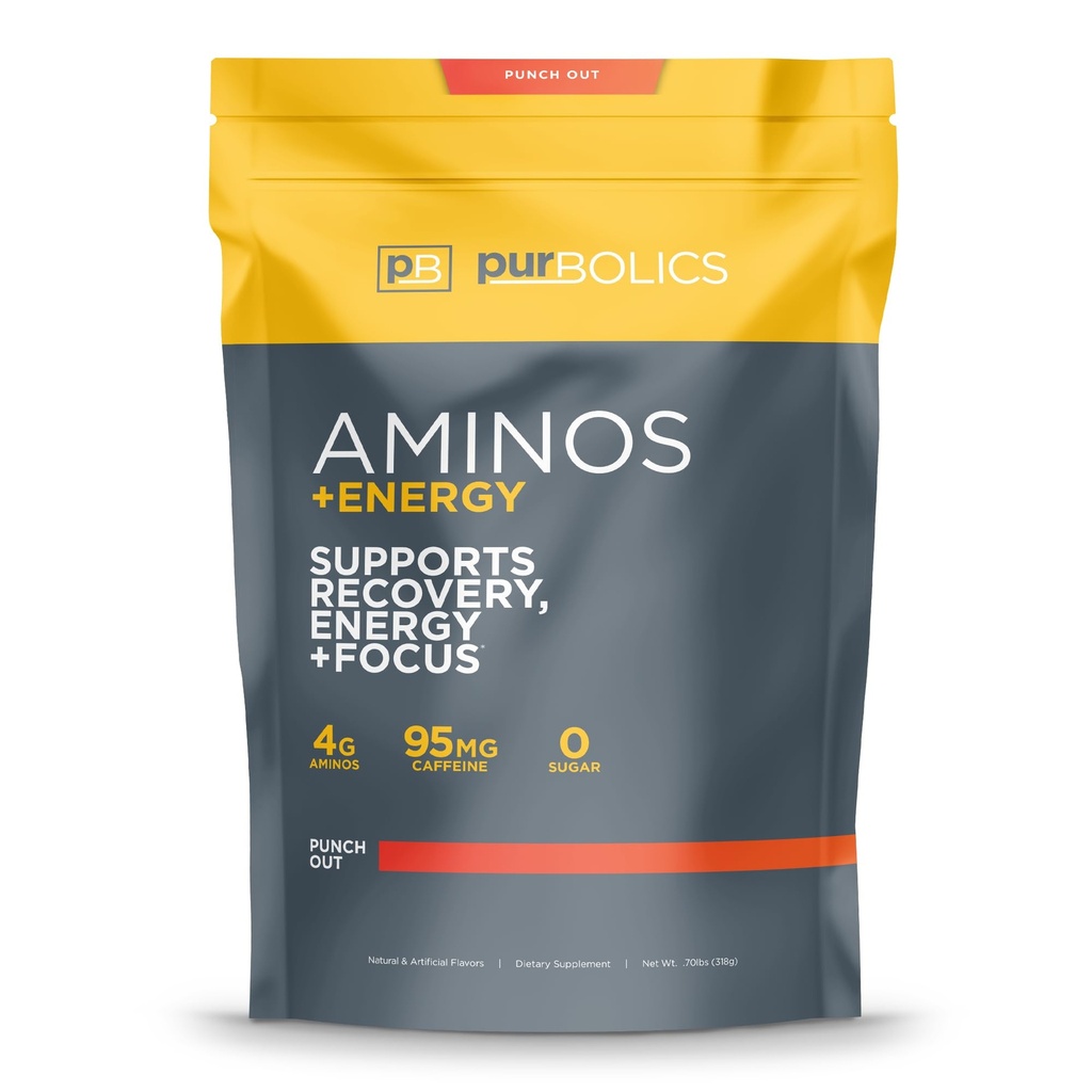 Purbolics Aminos + Energy | Unterstützt Erholung, Energie & Fokus | 95mg Koffein, 0 Zucker & 60 Servierungen (Punch Out)