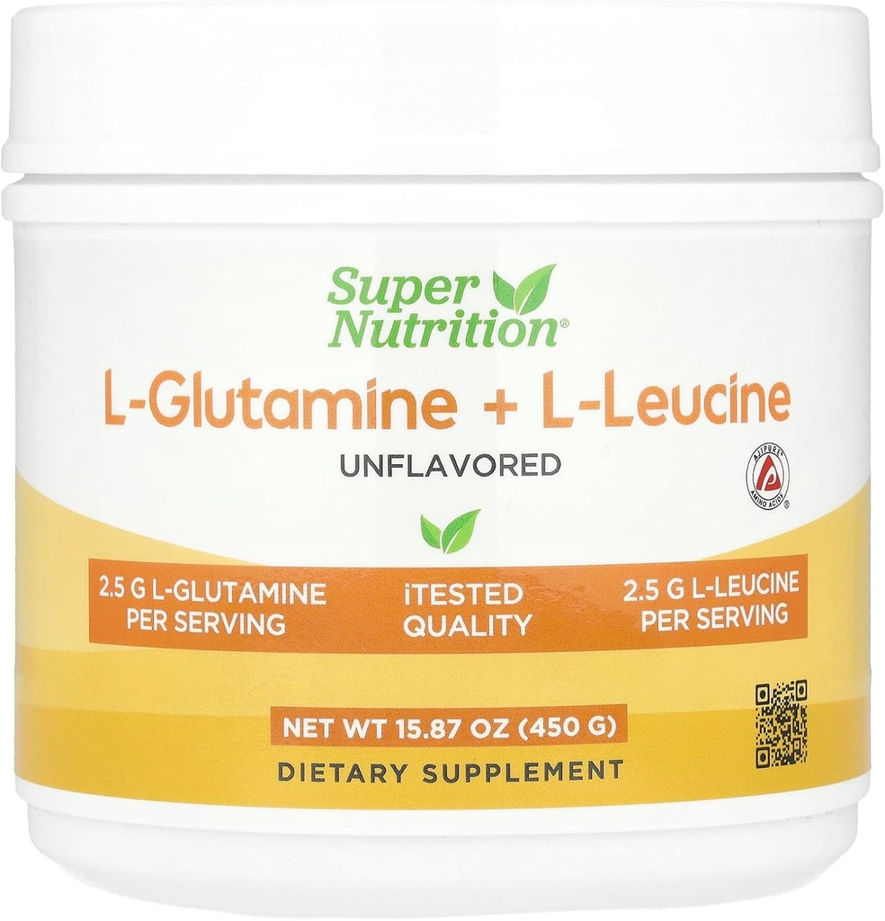 Super Nutrition L-Glutamin + L-Leucin, Unflavored, 15.87 oz (450 g)