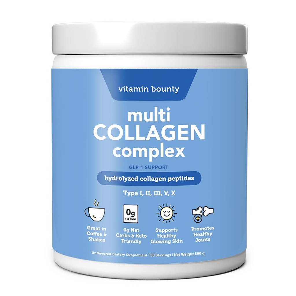 Complexe multicollagène vitaminique - Peptides de collagène hydrolysés de types I, II, III, V et X - soutient l'élasticité de la peau, la santé articulaire, la croissance des cheveux et des ongles - 50 portions