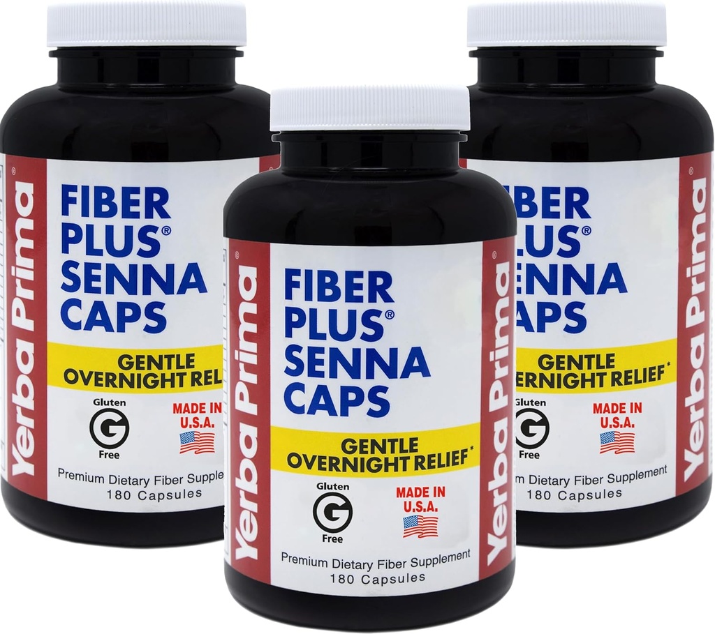 Yerba Prima Fiber Plus Senna Kapseln, 180 Count (3 Pack) - Gentle Overnight Relief, USA Made, Non-GMO, Gluten-Free