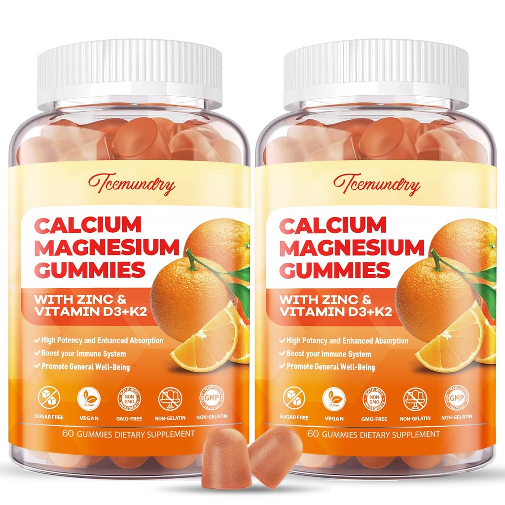Calcium Magnésium Zinc Gommies avec vitamine D3 & K2 - Haute absorption Magnésium Glycinate 400mg - Supplément sans sucre Calcium - Support Nerve Muscle Mood & Immunity - pour adultes Hommes Femmes Enfants