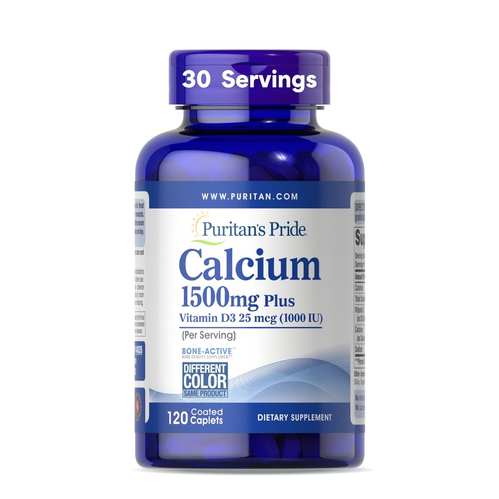 Puritan's Pride Absorbable Calcium 1500 mg Plus Vitamin D3 25mcg 1000 IU, Nahrungsergänzungsmittel für Knochenstärke, Herz, Nerven, Muskel und Immununterstützung, 120 beschichtete Kapseln