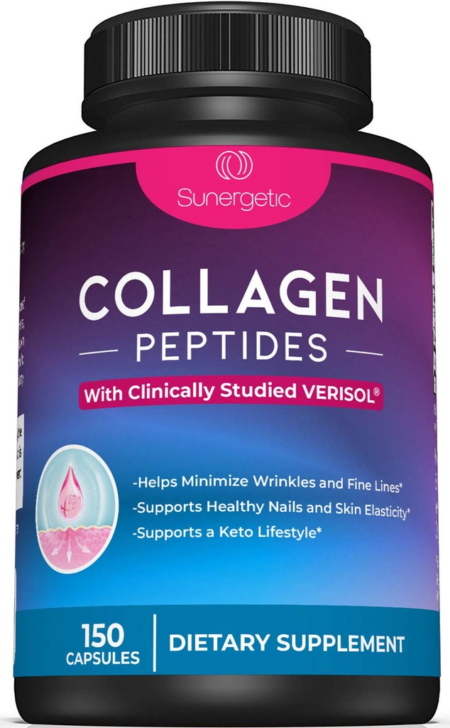 Sunergetic Premium Collagen Peptide Kapseln – 2500 mg VERISOL Collagen Peptide Typ 1 & Typ 3 – Multi Collagen Supplement zur Unterstützung von Gelenkgesundheit, Haar, Haut und Nägel – 150 Collagen Kapseln