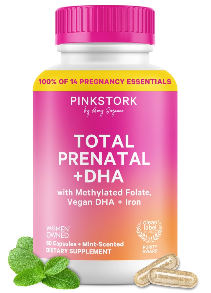 Pink Stork Total Pränatale Vitamine mit DHA, Folat, Eisen, Cholin und Vitamin B12 - Preconception Nutrition - Pränatale für Frauen, Prägnancy Essentials - Mint Essence, 60 Kapseln, 1 Monat Versorgung