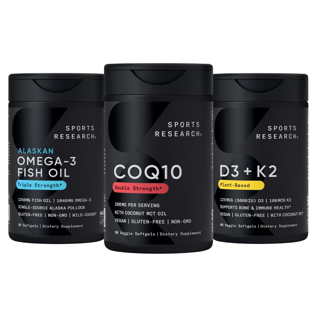 Sportforschung 1250 mg Omega 3 Burpless Fish Oil von Single-Source Wild Alaskan Pollock, CoQ10 (200mg) Enhanced w/Coconut MCT Öl für bessere Absorption und 5000iu Vitamin D mit 100mcg Mk7 Vitamin K