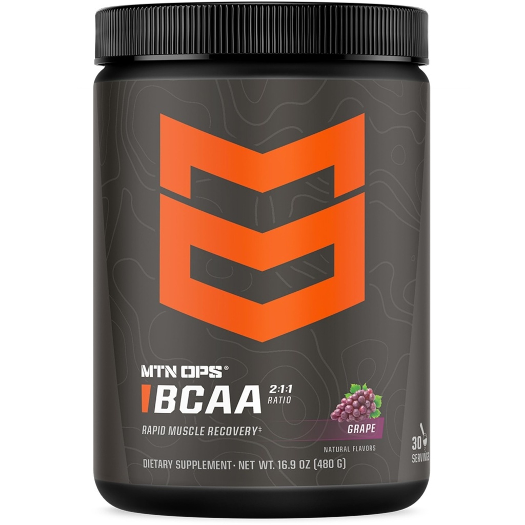 MTN OPS BCAA Poudre 2:1:1 Supplément Acides Amino Poudre pour la récupération rapide des muscles et la réparation avec zéro sucre et sans gluten - 30 portions, raisin