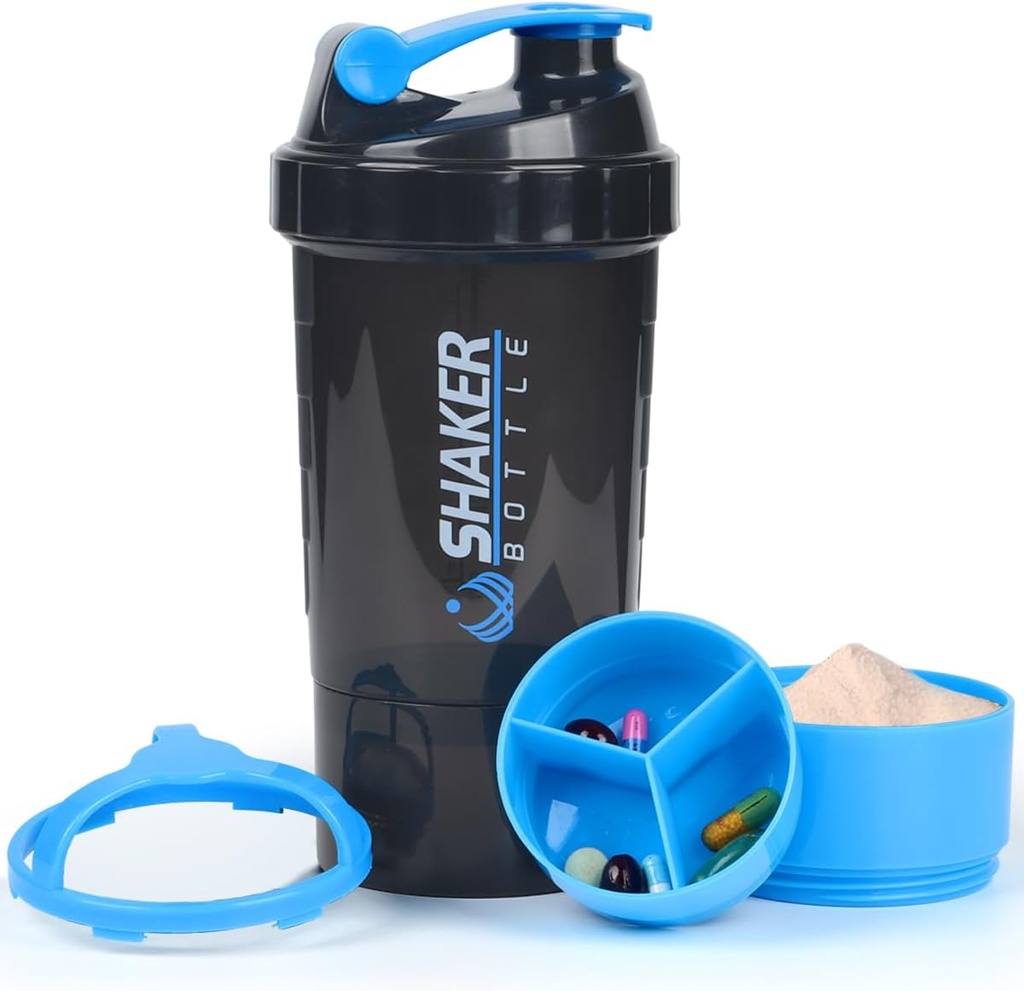 Protein Shaker Bottle - Sports Water Bottle - Non Slip 3 Layer Twist Off 3oz Cups mit Pill Tray - Leak Proof Shake Bottle Mixer- Protein Powder 22 oz Shake Cup mit Speicher