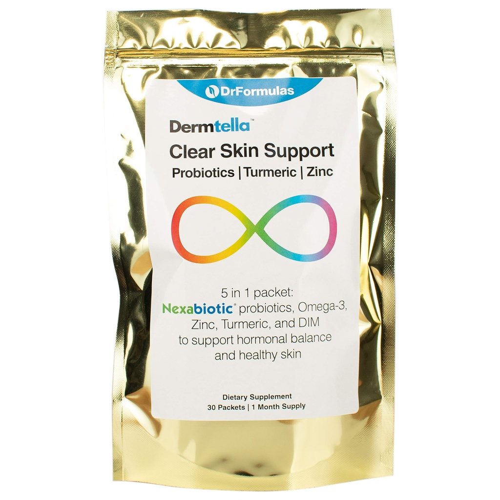 DrFormulas Dermtella Clear Skin Support Packs | Pillen mit Zink, Probiotics & DIM | Ergänzungen für Frauen, Teens & Männer mit Nexabiotic Probiotics, Turmeric, Fish Oil, 1 Monat Versorgung