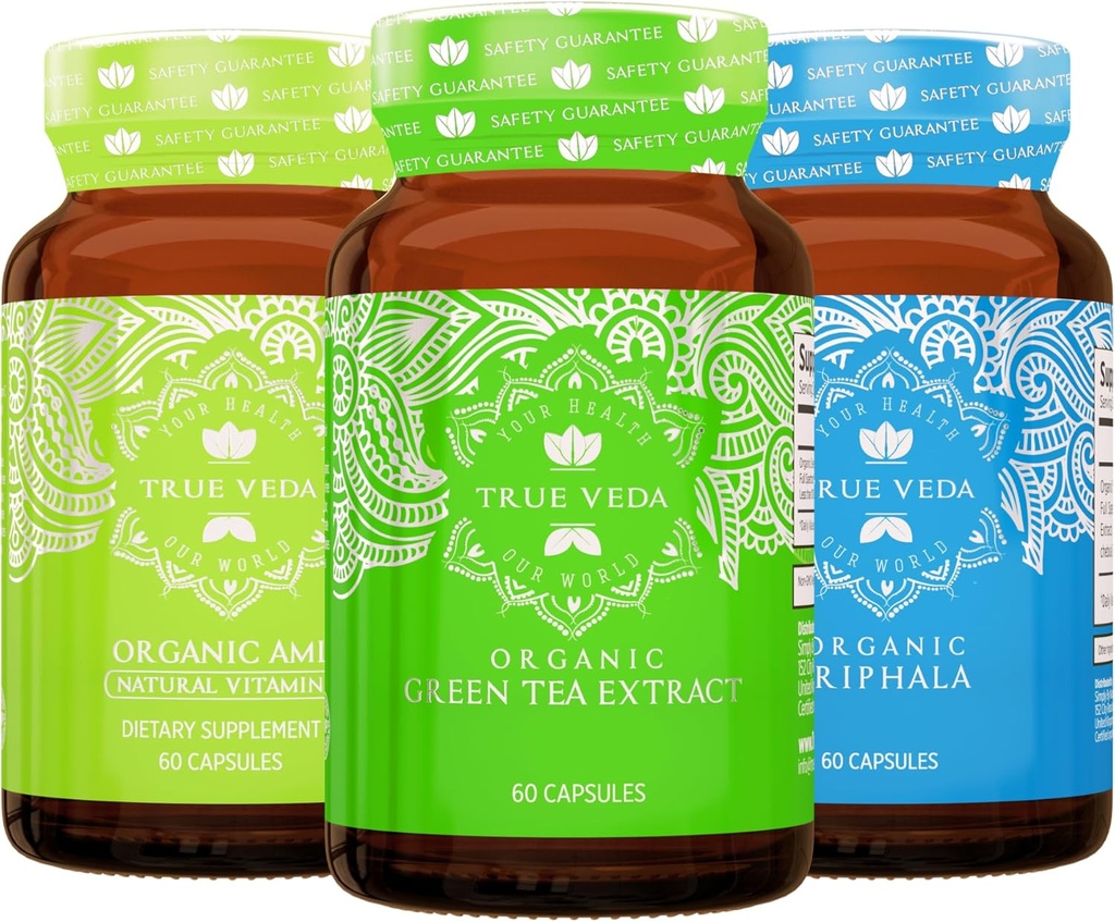 Echte Veda Verdauung und Detox Bundle USDA Organic | Multi-Award-Winning | Grüner Tee | Amla mit Vitamin C | Triphala Kapseln