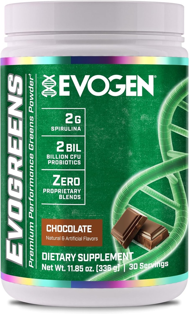 Evogen Evogreens | Premium Performance Greens Superfood, Spirulina, Granatapfel, Probiotika, Kale | 30 Servierungen (Chocolate, 30 Servietten)