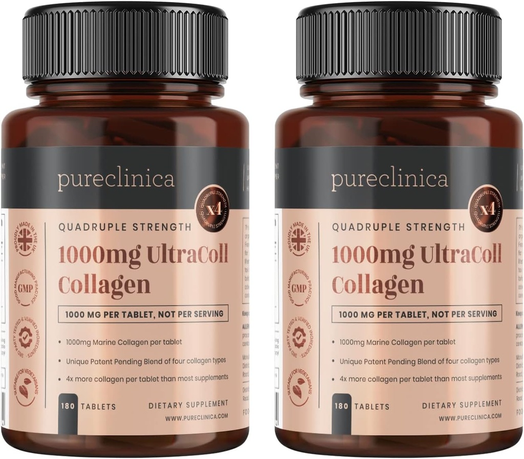 pureclinica UltraColl Marine Collagen 1000mg x 360 Tabletten (2 Flaschen von 180 Tabletten - 6 Monate Versorgung). Die einzigen patentierten Anti-Aging Collagen-Typen I, II, III und VII.