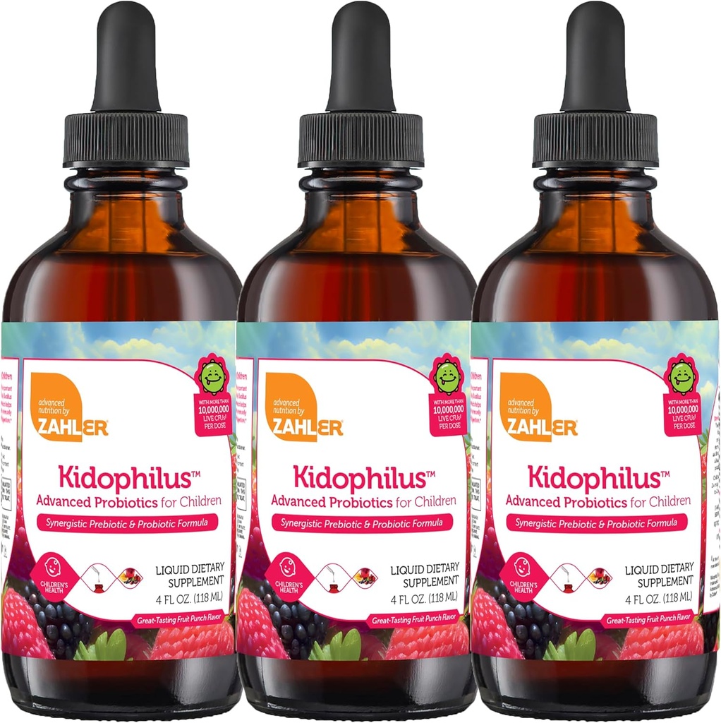 Zahler - Kidophilus Liquid Drops Probiotika für Kinder (4 Fl Oz) Zertifizierter Kosher, für gesunde Verdauung & Immununterstützung - Fruchtpunch Flavored Kinder Probiotic Drops Supplement (3 Pack)