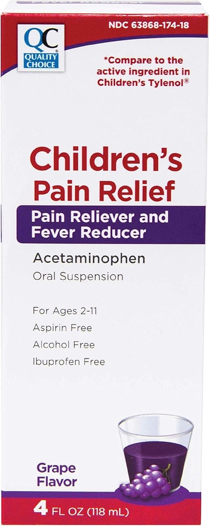 Qualitätswahl Kinder Schmerzlinderung & Fever Reducer für Kinder, 4fl oz Acetaminophen 160mg pro 5ml, Ibuprofen & Aspirin kostenlos, flüssige Kälte und Flu Medizin für Kinder, regelmäßige Kraft OTC Medikamente