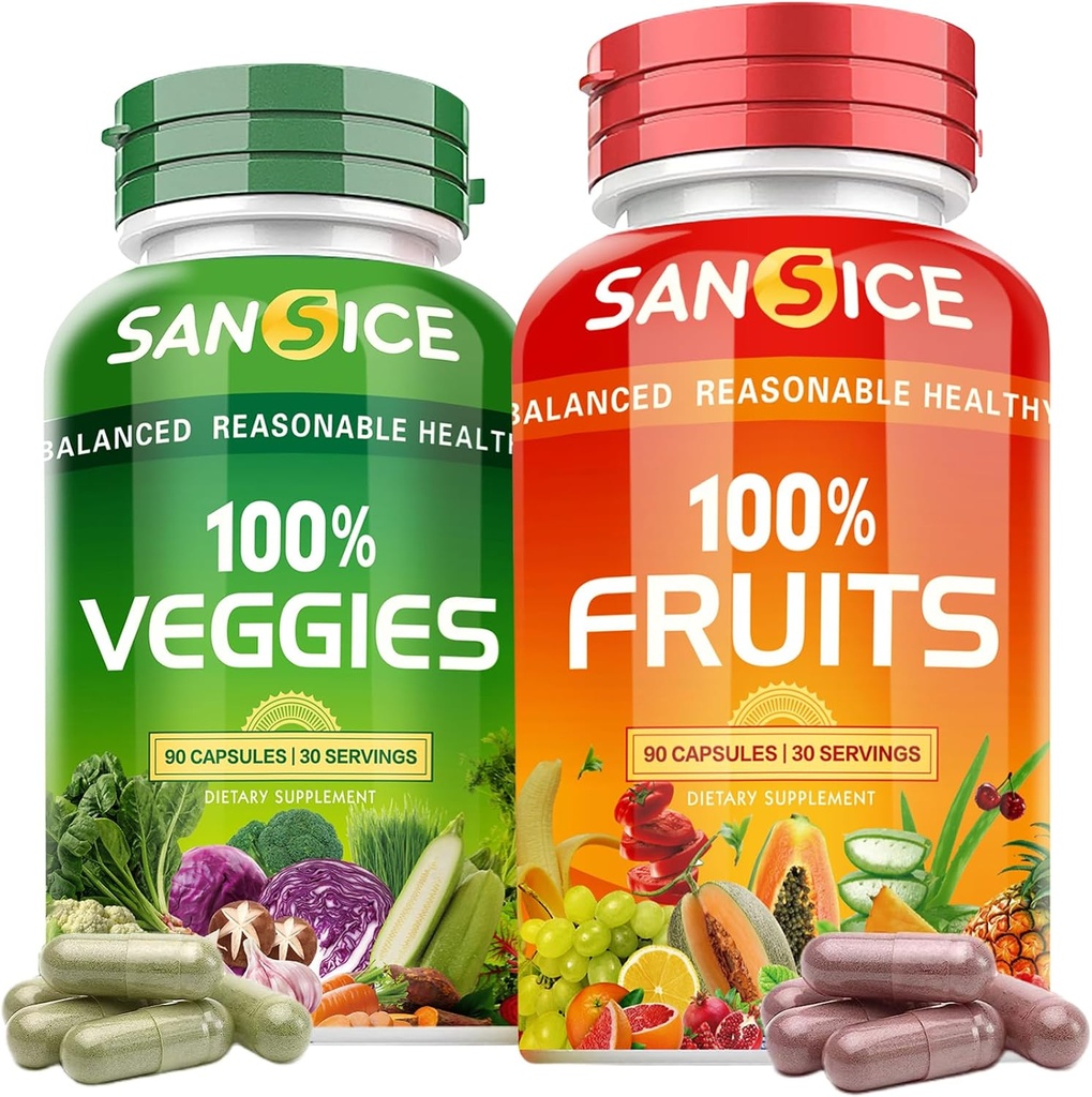 Obst und Gemüse Ergänzung, Natürliche Früchte und Gemüse Vitamine Soja Frei & Non-GMO Gemüse und Obst Ergänzungen für Frauen Männer und Kinder - 90 Fruchtkapseln, 90 Veggie Kapseln
