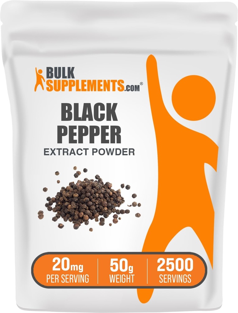 BulkSupplements.com Poudre d'extrait de poivre noir - Suppléments de poivre noir, suppléments de piperine - Vegan & sans gluten, 20mg par portion, 50g (1,8 oz) (paquet de 1)