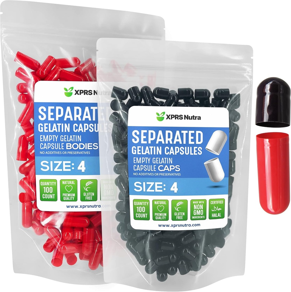 XPRS Nutra Gelatin Größe 4 Getrennte Kapseln - 100 Count Small Empty Kapseln Getrennt in Taschen - DIY Fillable Pill Caps - Größe 4 Gel Do-It-Yourself Vitamin Supplement Füllung (schwarz/rot)