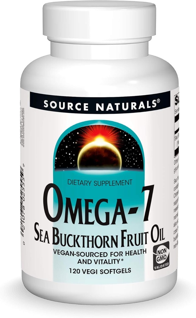Source Naturelles Omega-7 Huile de fruits d'écrevisse, non OGM, végétalien pour la santé et la vitalité* - 120 softgels végétaliens