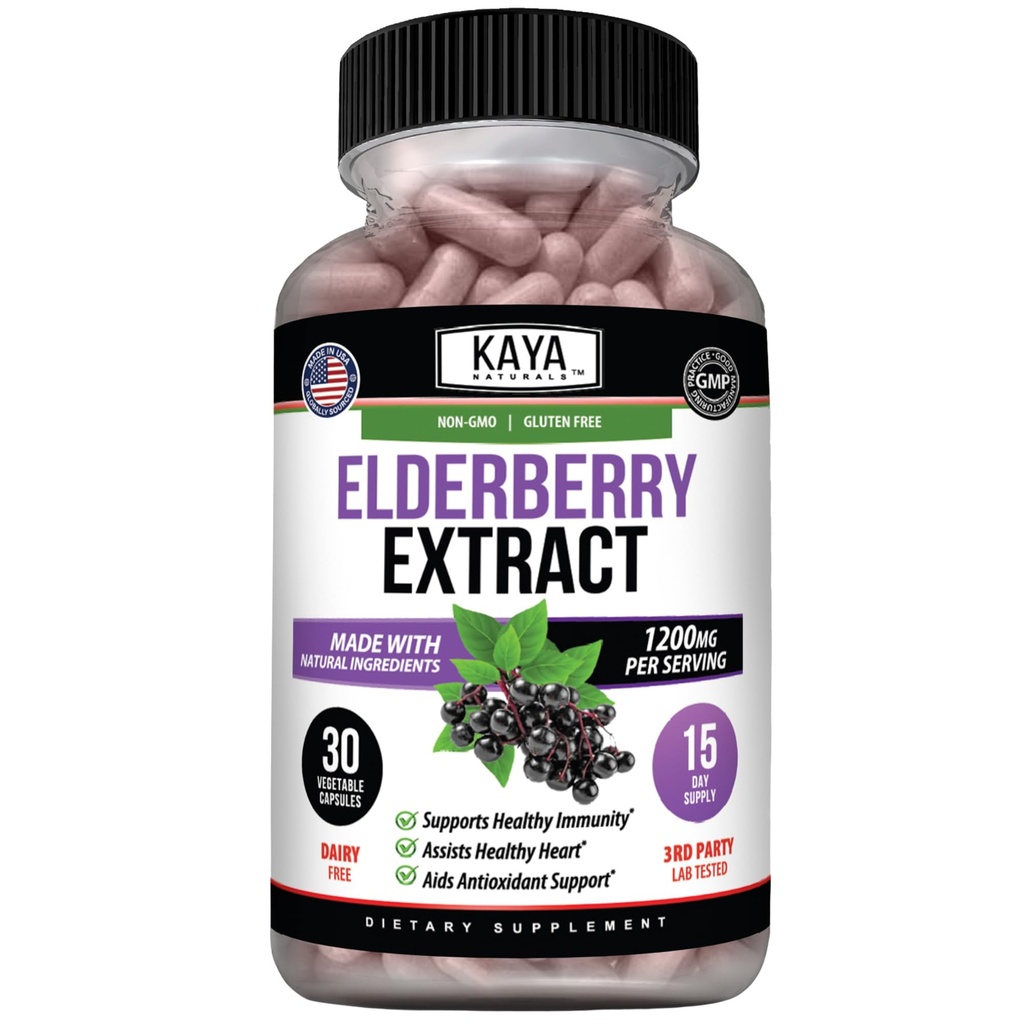 Kaya Naturals Elderberry Immune Support - Extrait de baies d'eau, riche antioxydant vitamines premium, 1200mg Impune System Booster Sambucus Capsules - 30 Compte