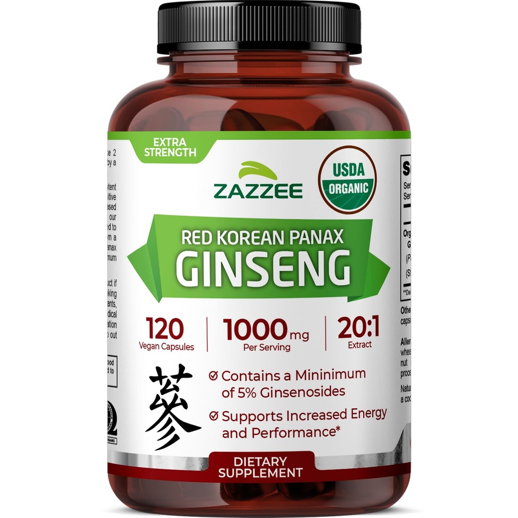 Zazzee USDA Organic Red Korean Panax Ginseng 20:1 Extrakt, 1000 mg, 5% Ginsenosides, 120 Vegan Capsules, Standardisiert und konzentriert 20X Root Extract, 100% Vegetarisch, All-Natural, Made in USA