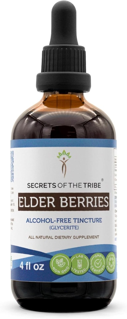 Secrets of the Tribe Elder Beeren Alkoholfreie Tinktur (Glycerite) 678 mg Ältere Beeren (Sambucus Nigra) Getrocknete Beere (4 Fl Oz) Immununterstützungsergänzung