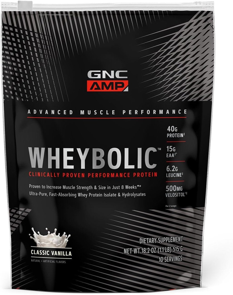 GNC AMP Wheybolic Clinical Proven Protein Powder, 40g Whey Protein, BCAA, Leucine, erhöht Muskelkraft, Muskelaufbau, 3. Partei Getestet, Glutenfrei, Klassische Vanille, 10 Servierungen