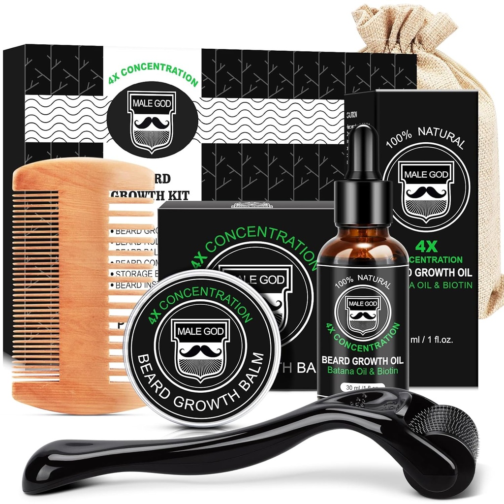 MALE GOD Bart Growth Kit, Bart Kit W/Beard Growth Oil, Bart Balm, Bart Comb, Massager für Spot/Patchy Bart, Weihnachtsgeschenke für Herren Ihm Freund Husband