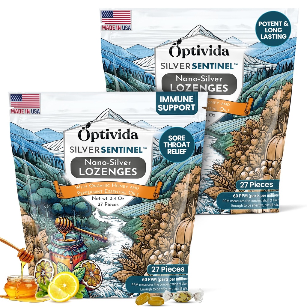 Optivida Health Colloidal Silver Lozenges mit Honey & Lemon Oil (2 Pack) - Soothing Sore Throat Lozenges für Erwachsene mit Cough Relief & Fast-Acting Nano Silber Formel für Immununterstützung, 60 Ppm