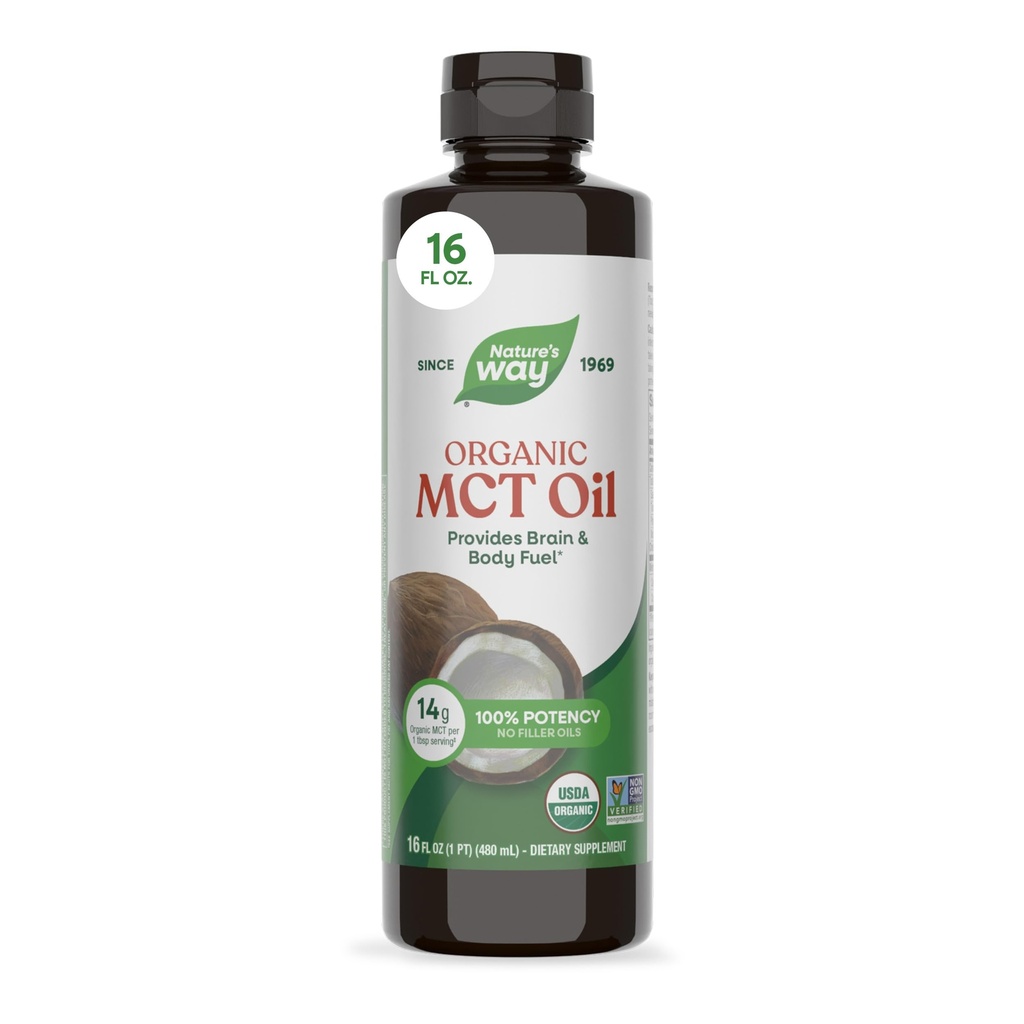 Nature's Way Organic MCT Oil, 16 Fl Oz, Gehirn und Körper Kraftstoff aus Kokosnüssen*, C8 Caprylic Acid und C10 Capric Acid, Keto und Paleo Certified, Organic, Non-GMO Project Verified