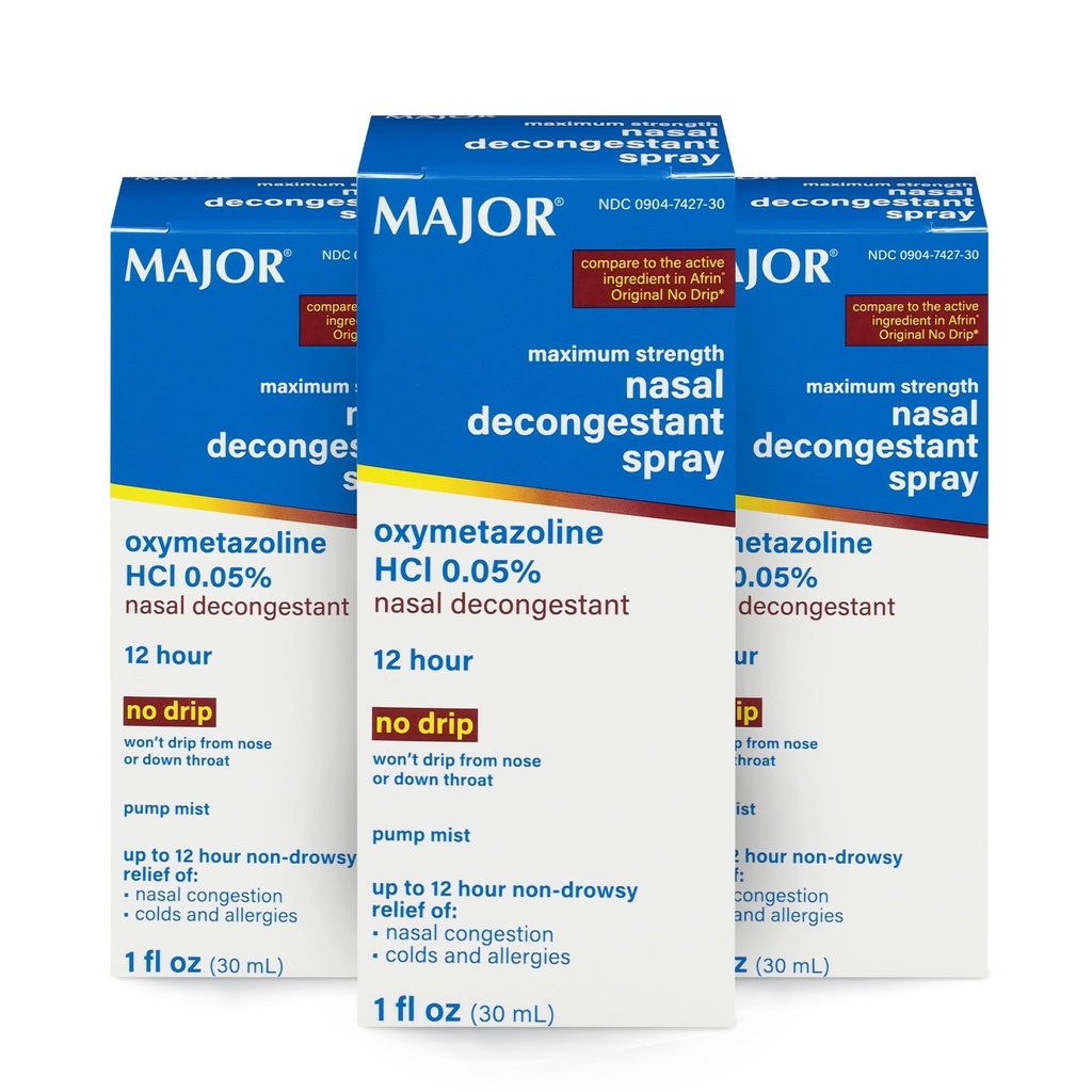MAJOR Maximum Strength Nasal Decongestant Spray, Oxymetazolin HCl 0,05% Pump Mist, Non-Drowsy Nasal Spray, bis zu 12-Hour Relief von Nasal Congestion, Kälte und Allergien 1 Fl. Oz. (3-Pack)