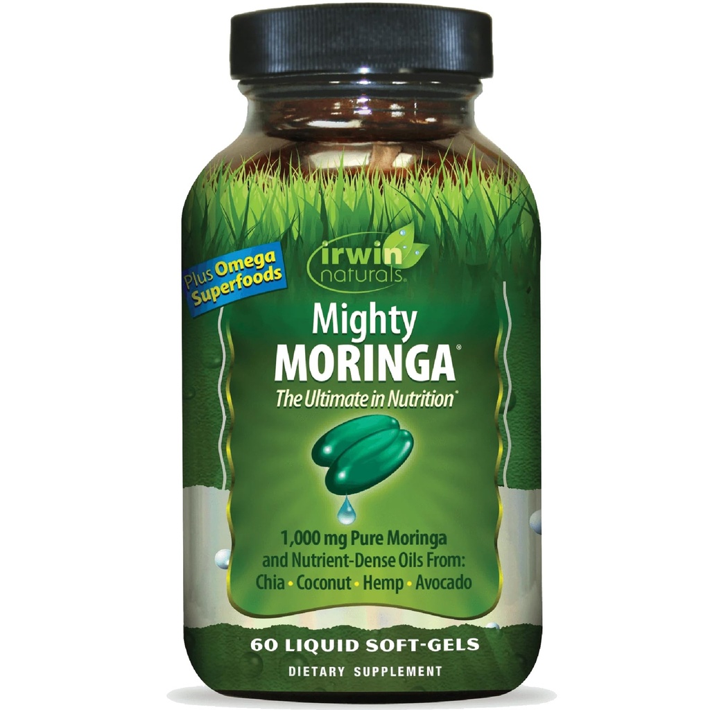 Irwin Naturals Mighty Moringa 1.000 mg - 60 Liquid Softgels - mit Chia, Kokosnuss, Hanf, Avacado & Omega Superfoods - 30 Gesamt Servietten