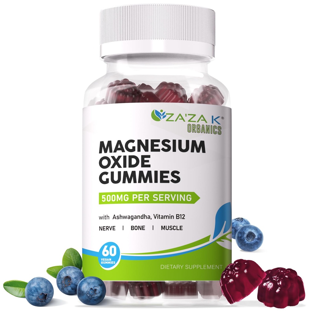 ZA'ZA K ORGANES Gommies d'oxyde de magnésium, oxyde de magnésium 500mg avec Ashwagandha et vitamine B12 pour le sommeil, le nerf, le muscle, les os et la santé du coeur, supplément à croquer Magnésium pour adultes enfants, végétalien, 60