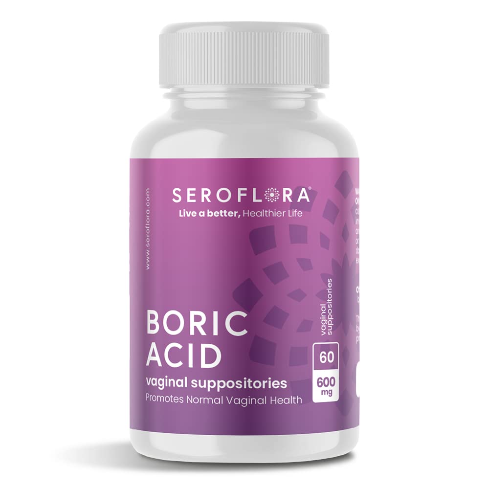 Séroflora Acide borique Suppositoires vaginales - favorise l'équilibre du pH vaginal et le contrôle de l'odeur avec la poudre fine de qualité médicale USP, Dissolve facile, Fabriqué aux États-Unis -600 mg 60 Compte
