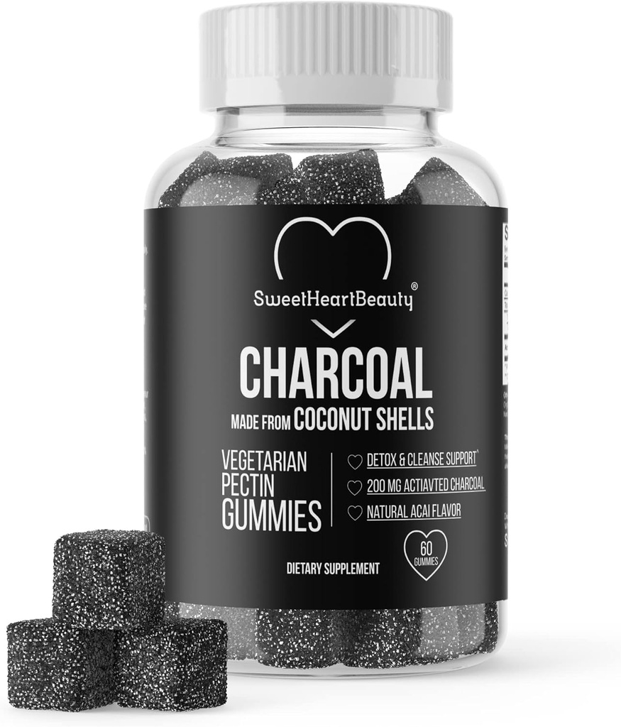 Aktivierte Charcoal Gummis - Natürliche Kokosnussschale Charcoal Gummy Ergänzungen für Detox Support, Stomach Bloat & Oral Health - Glutenfrei, Vegan & Pektin Basierend - Acai Flavor, 60 Count