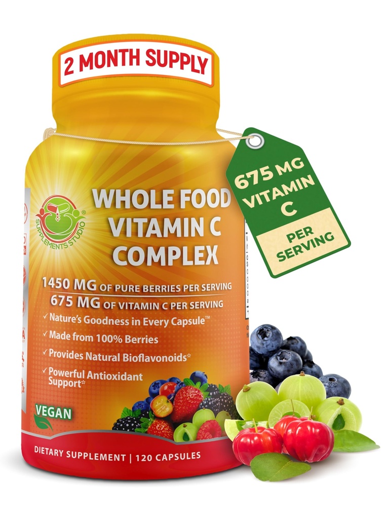 Ganze Nahrung Vitamin C-Komplex - 1450mg Organische Beeren - 675 mg Vitamin C pro Servieren, hochfeste Antioxidantien und Immununterstützung mit Acerola, Amla und natürlichen Bioflavonoiden - Vegan, Non-GMO, 120 Count