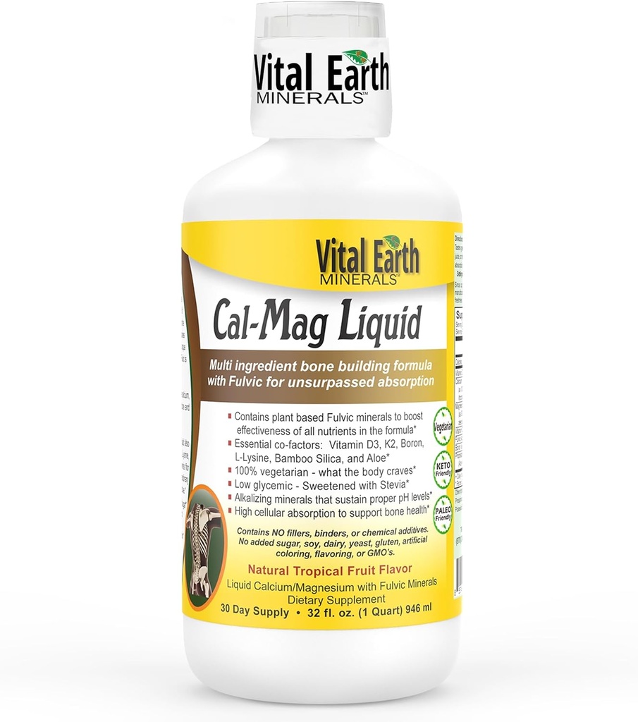 Vital Earth Minerals Cal-Mag Liquid – Calcium Magnesium Supplement mit Vitamin D3, K2, Boron und Fulvic Säure für schnellere Absorption, 32 Oz + 1 Oz Cup
