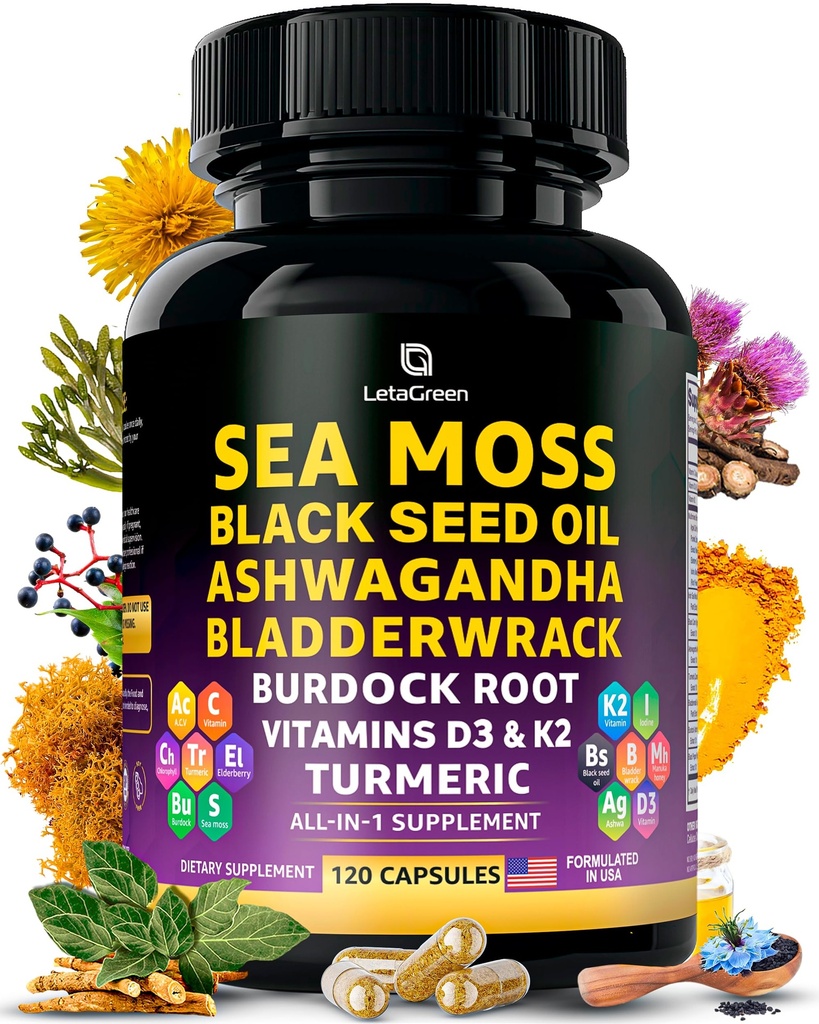 Sea Moss Capsules – 17-in-1 Blend mit schwarzem Seed Oil Ashwagandha Bladderwrack Burdock Root Turmeric Vitamin D3 K2 C für tägliches Wellness – Multimineral Supplement für Männer & Frauen – 120 Count