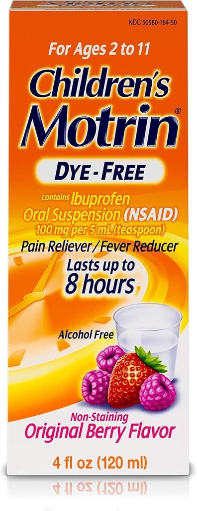 Motrin Suspension orale pour enfants sans colorant, Ibuprofène, Réducteur de fièvre, Berry, 4 Fl.Oz