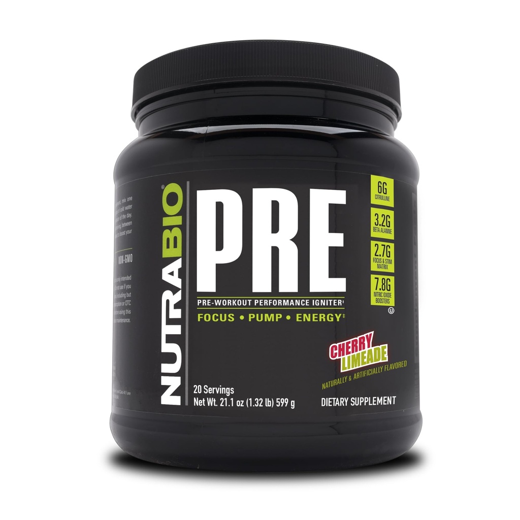 NutraBio PRE Poudre d'entraînement - Vieille Formule - Énergie durable, Focus Mental, Endurance - Beta Alanine, Créatine, Caféine, Electrolytes - 20 Servants - Cherry Limeade