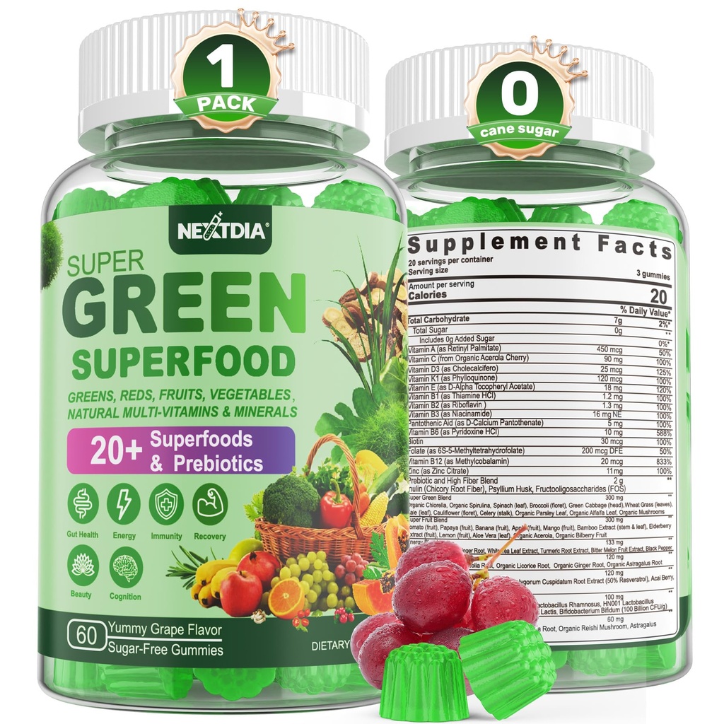 Super Greens Gummies, Greens Superfood Powder Alternative w/Spirulina, Chlorella, Fibre prébiotique, Probiotique, Fruit Veggie, Légumes verts quotidiens pour la santé digestive et Gut, Immunité, Focus, 60 Cts