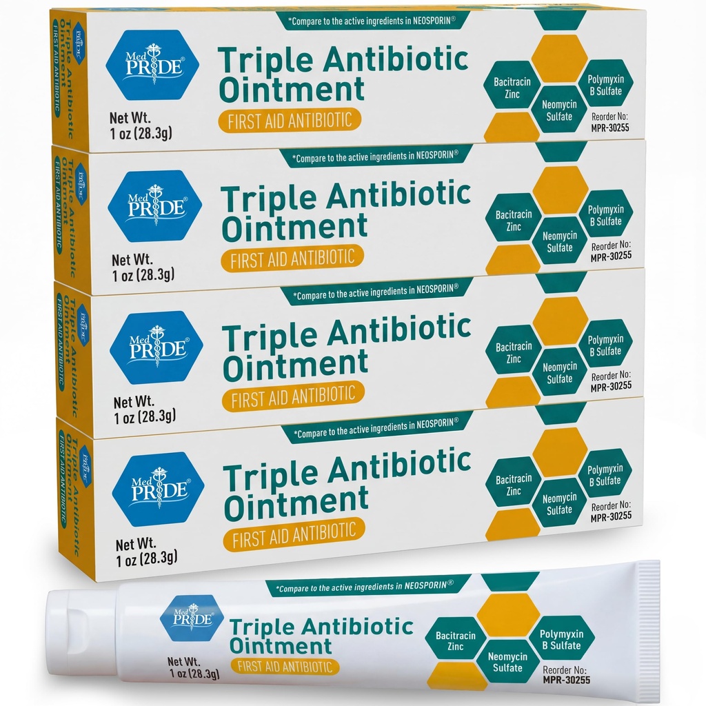 MED Pride Triple Antibiotique Pride Ointment Tube 1 Oz 4-Pack, Premiers soins pour les blessures mineures, les éraflures, les abrasions, avec Zinc, Neomycine, Polymyxine