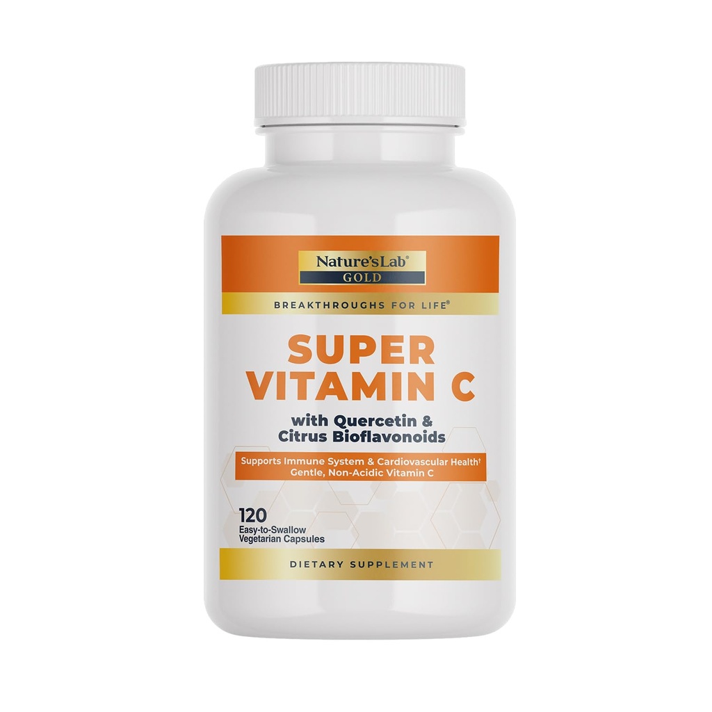 Nature’s Lab Gold Super Vitamin C 1000mg – Immunsystem-Unterstützung – Enthält Bioflavonoids Complex & Quercetin – Non-Acidic, Non-GMO, Gluten Free, Vegan – 120 Kapseln (2 Monate Versorgung)
