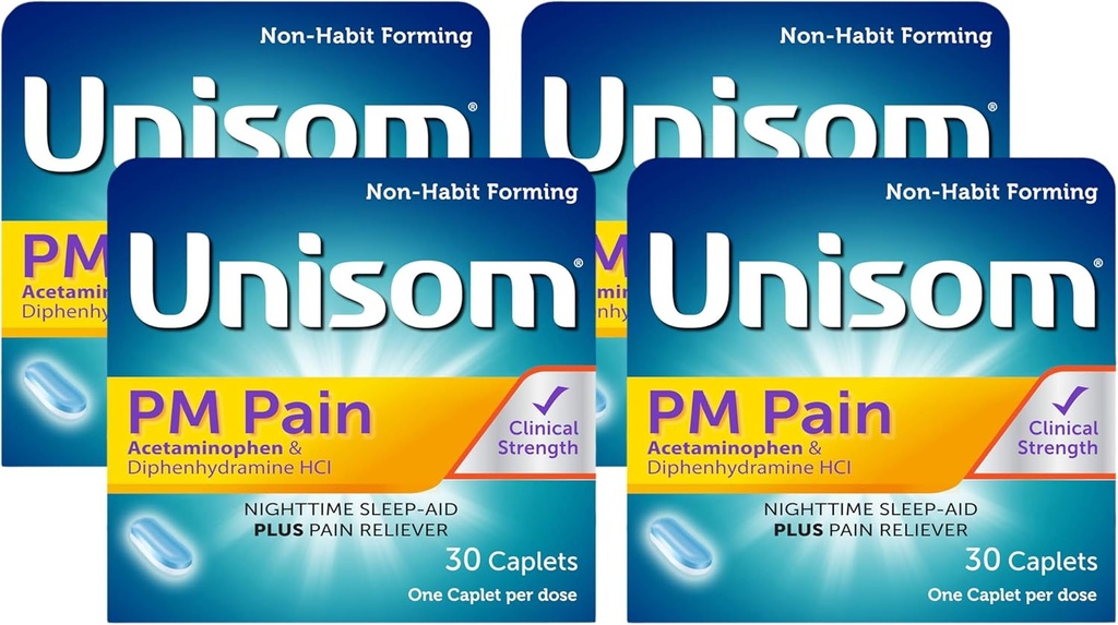 Unisom PM Schmerznachtsschlaf + Schmerzlinderung, Acetaminophen & Diphenhydramin HCI, 30 Caplets, 50mg (Pack von 4)