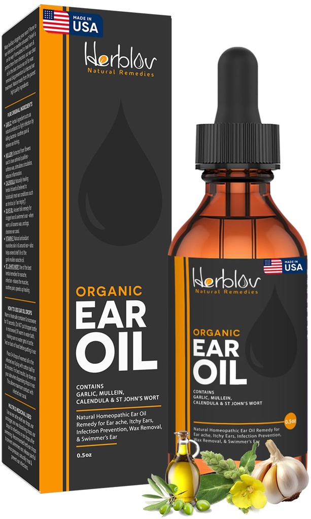 Bio-Ear-Öl für Ohr-Infektionen - Natürliche Eardrops für Infektionsprävention, Swimmer's Ear & Wax Entfernung - Kinder, Erwachsene, Baby, Hund Earache Remedy - mit Mullein, Knoblauch, Calendula, Made in USA