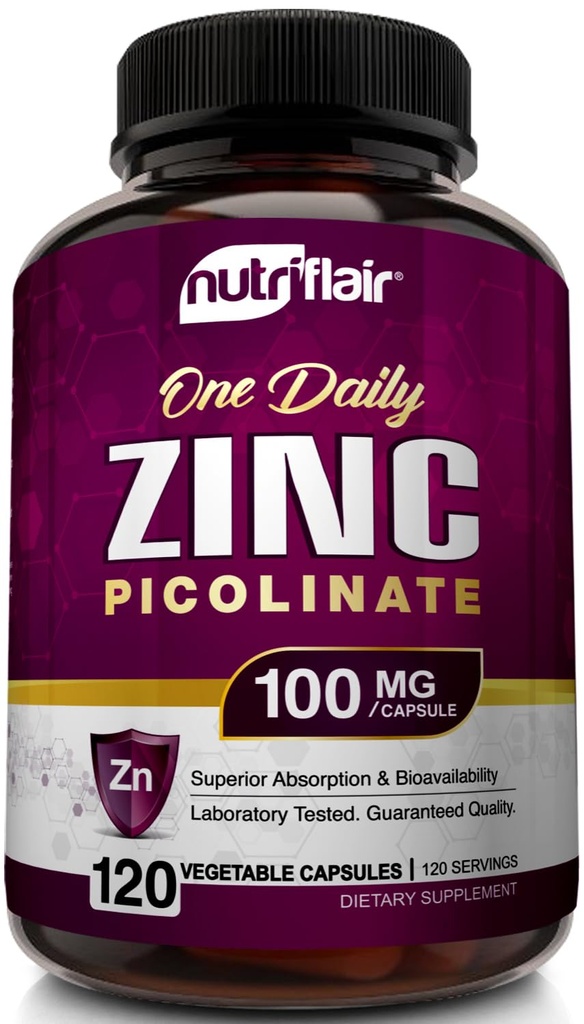 NutriFlair Zink Picolinate 100mg, 120 Kapseln - Vegan, Non-GMO, Made in USA, Third-Party Lab Tested