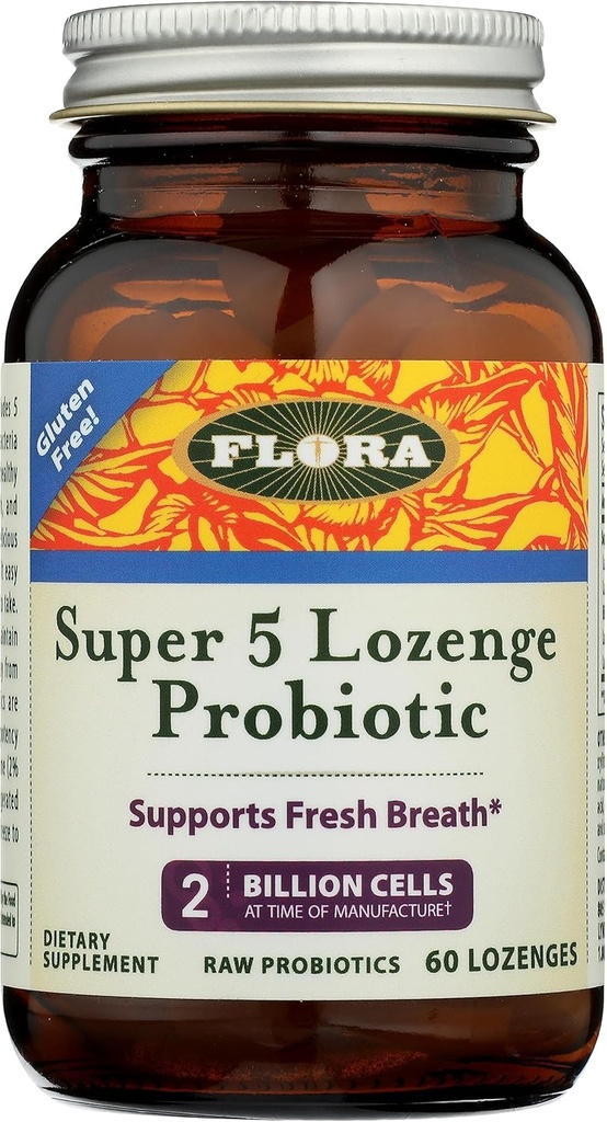 Flora - Super 5 Lozenge Probiotic, Himbeer Flavored Oral Probiotic, Gut für Bad Breath, Fünf Strains mit 2 Billion CFU, Regain und Retain Gut Health, RAW, 60 Lozenges