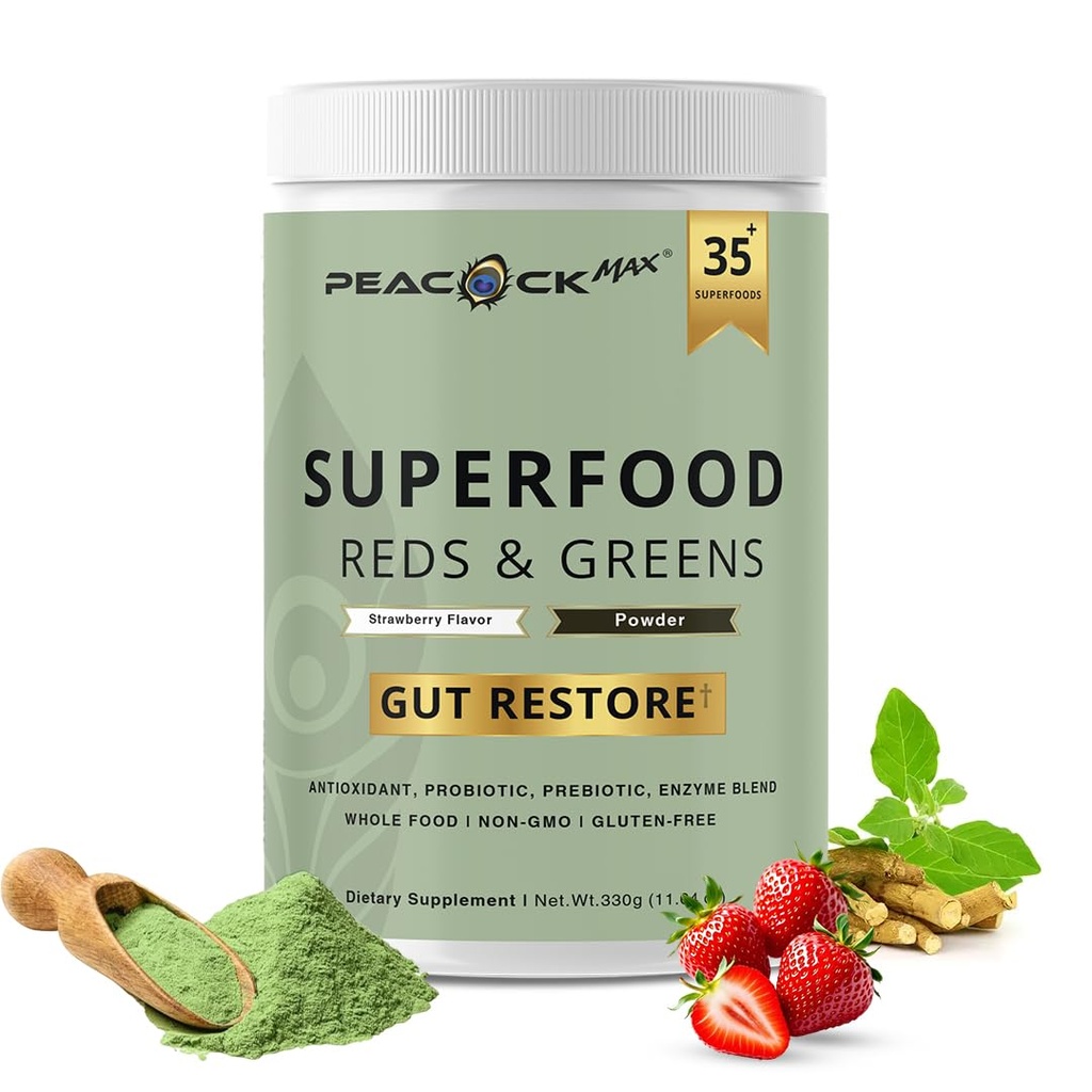 Poudre Superfood Reds & Greens - 11.64 oz, Prébiotiques et probiotiques pour la santé digestive, Poudre Super Greens avec Ashwagandha pour la santé de Gut, Immunity, Antioxydants, Vegan, Non-OGM