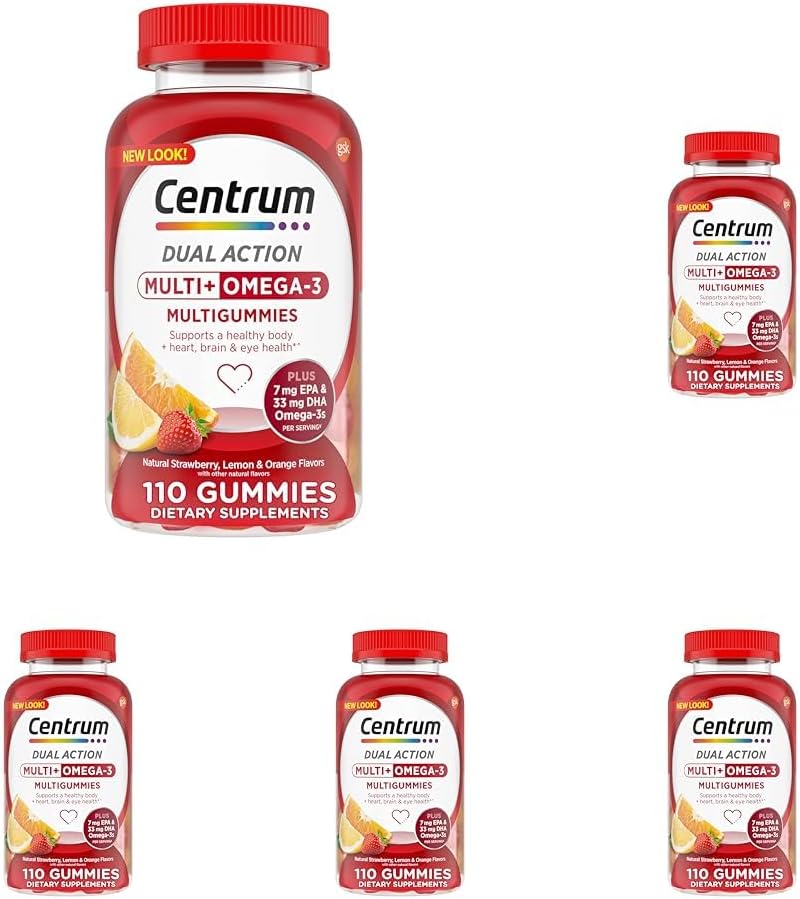Centrum MultiGummies Multi+ Omega 3 Dual Action, Adult Multivitamin, Multivitamin/Multimineral/Omega 3 Supplement, Strawberry/Lemon/Orange Flavors - 110 Count (Pack of 5)
