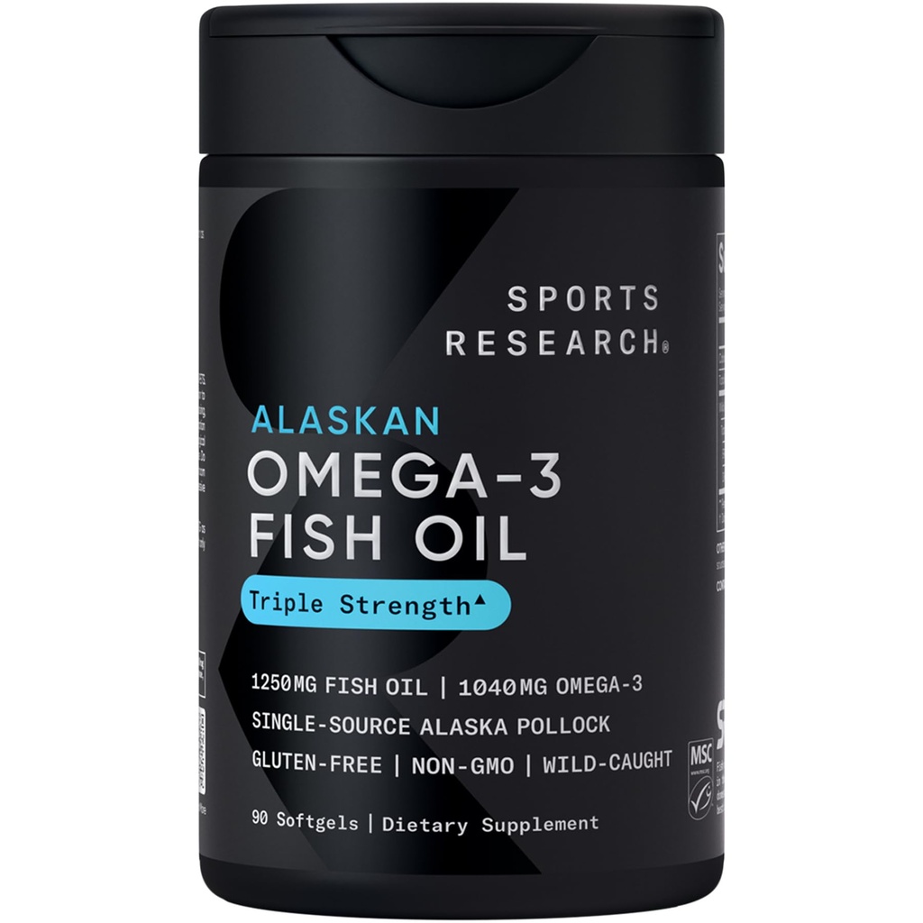 Sportforschung Triple Strength Omega 3 Fish Oil - Burpless Fish Oil Supplement w/EPA & DHA Fettsäuren von Single-Source Wild Alaska Pollock - 1250 mg, 90 ct